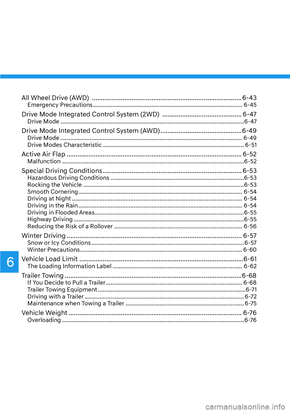 HYUNDAI IONIQ 5 2022  Owners Manual 6
All Wheel Drive (AWD)  ................................................................................... 6-43Emergency Precautions .................................................................