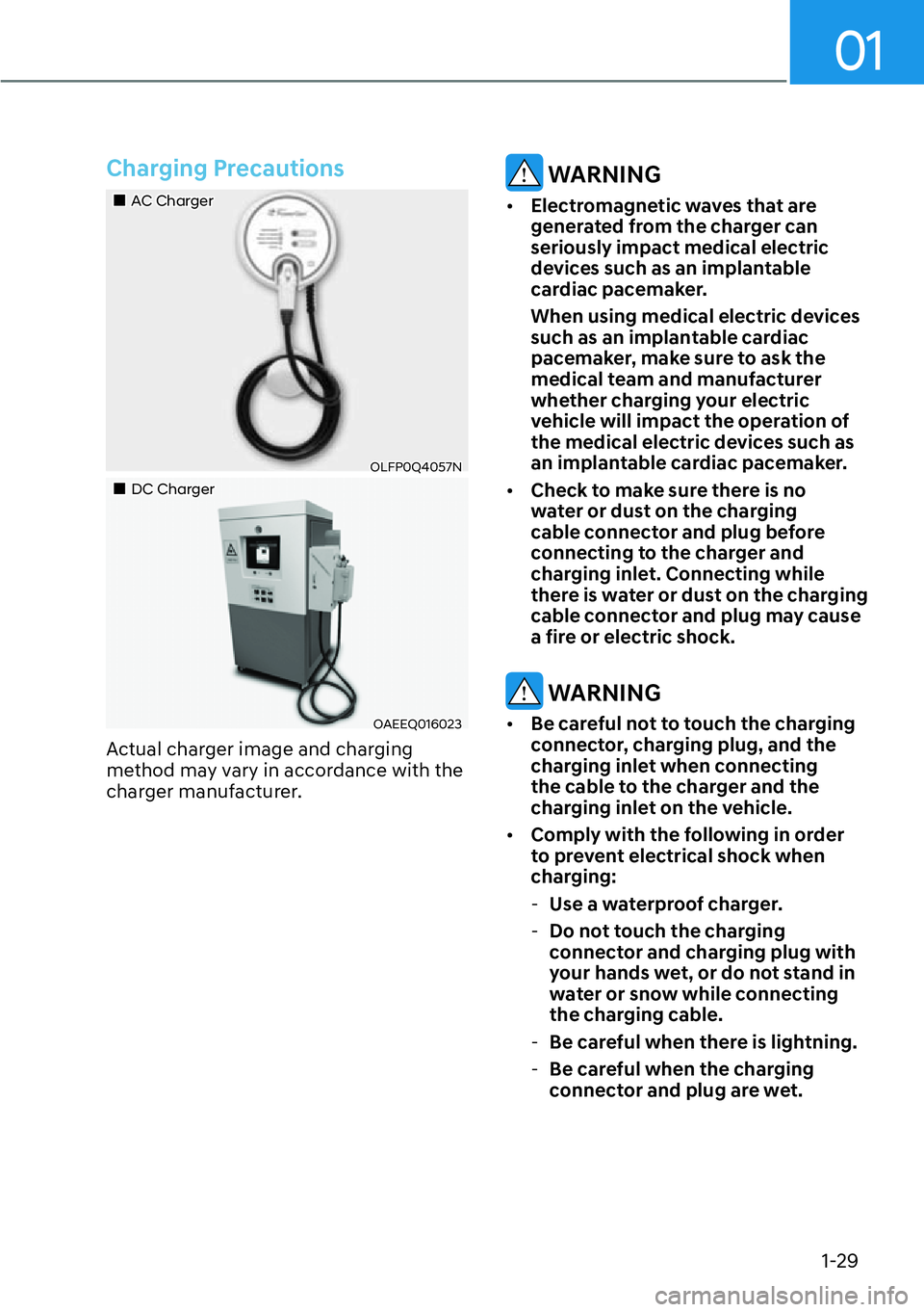 HYUNDAI IONIQ 5 2022  Owners Manual 01
1-29
Charging Precautions
��„AC Charger
OLFP0Q4057N
��„DC Charger
OAEEQ016023
Actual charger image and charging 
method may vary in accordance with the 
charger manufacturer.
 WARNING
[�Ele