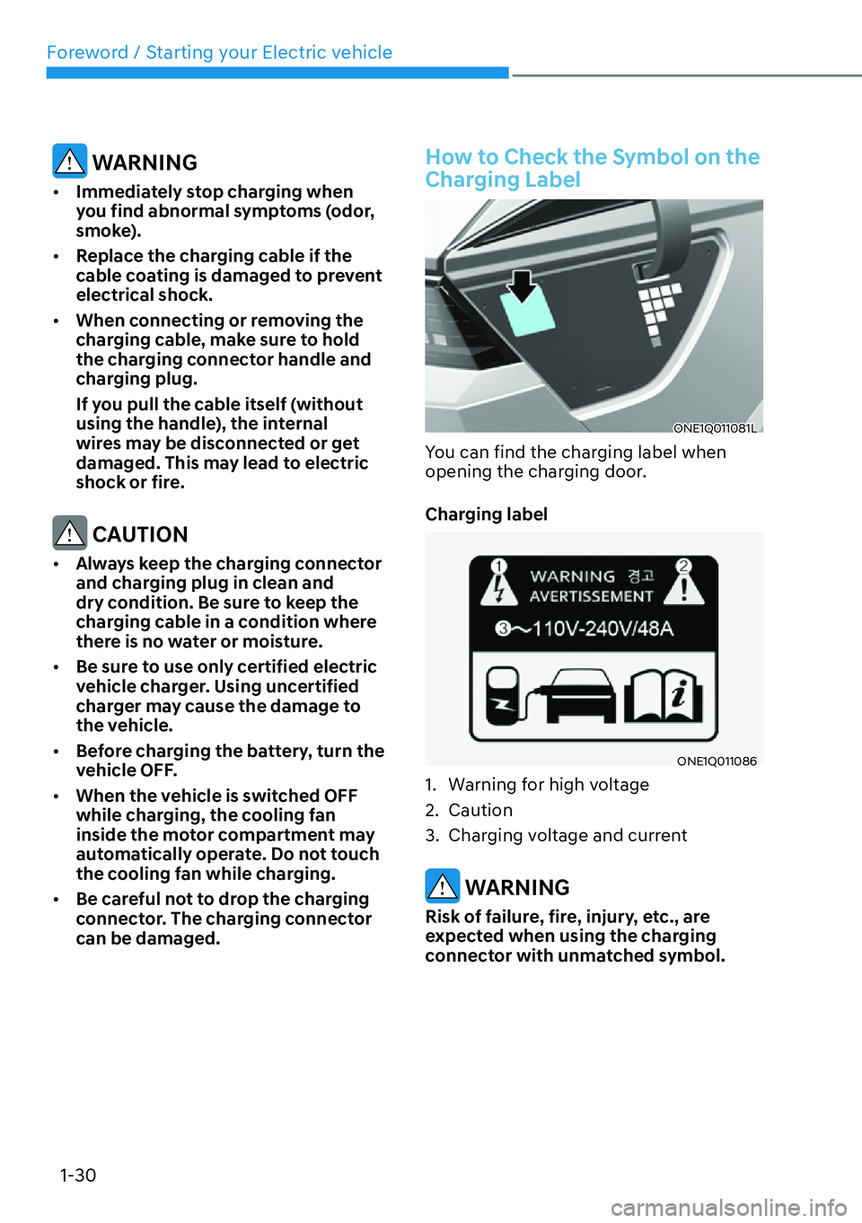 HYUNDAI IONIQ 5 2022  Owners Manual Foreword / Starting your Electric vehicle
1-30
 WARNING
[�Immediately stop charging when 
you find abnormal symptoms (odor, 
smoke). 
[�Replace the charging cable if the 
cable coating is damaged 