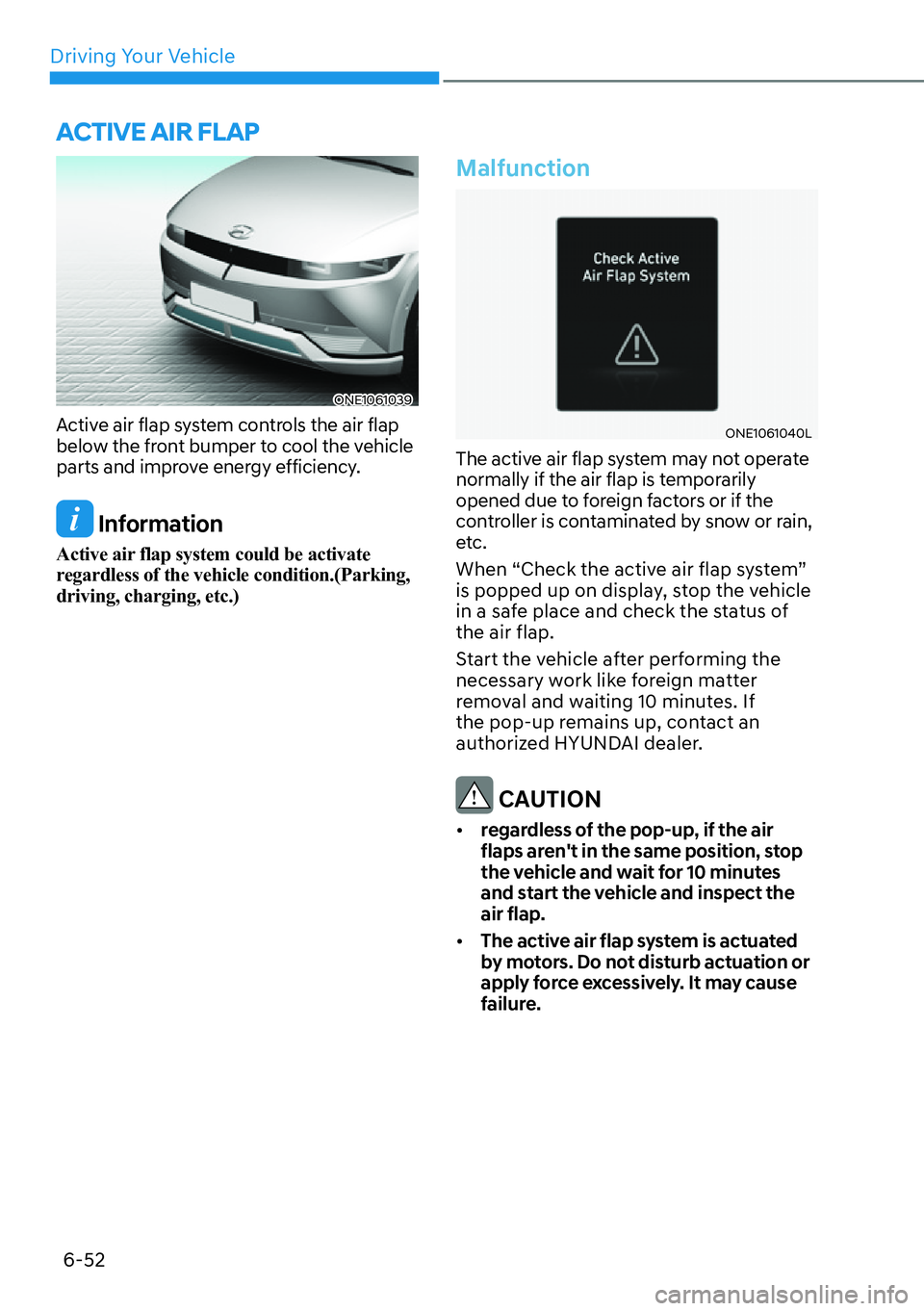 HYUNDAI IONIQ 5 2022  Owners Manual Driving Your Vehicle
6-52
ONE1061039
Active air flap system controls the air flap 
below the front bumper to cool the vehicle 
parts and improve energy efficiency.
 Information
Active air flap system 