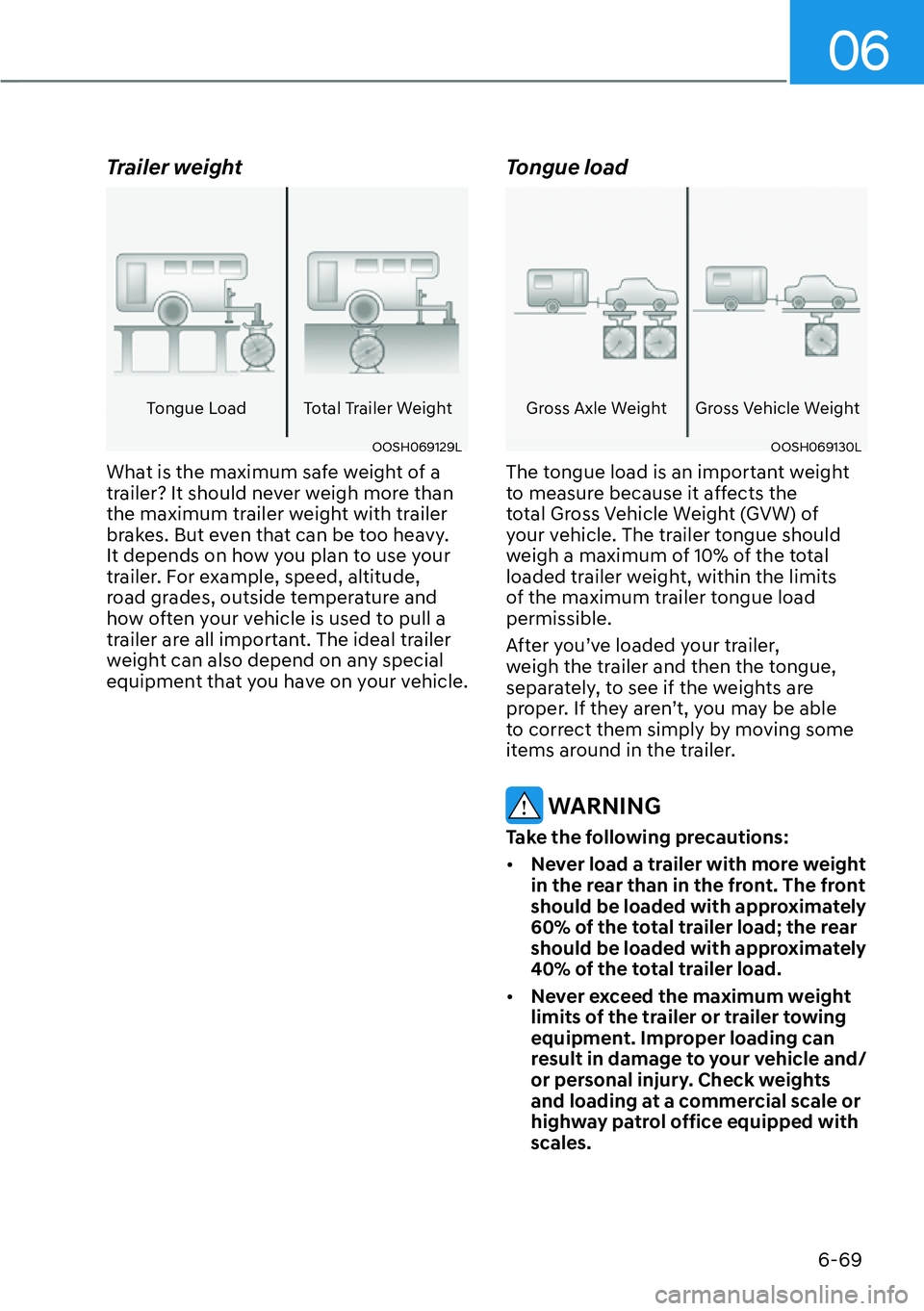 HYUNDAI IONIQ 5 2022  Owners Manual 06
6-69
Trailer weight
Tongue Load Total Trailer Weight
OOSH069129L
What is the maximum safe weight of a 
trailer? It should never weigh more than 
the maximum trailer weight with trailer 
brakes. But