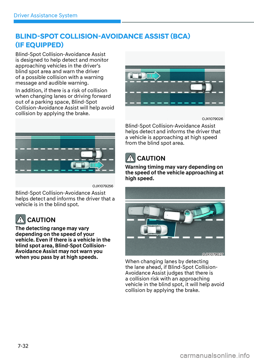 HYUNDAI IONIQ 5 2022  Owners Manual Driver Assistance System
7-32
Blind-Spot Collision-Avoidance Assist 
is designed to help detect and monitor 
approaching vehicles in the driver’s 
blind spot area and warn the driver 
of a possible 