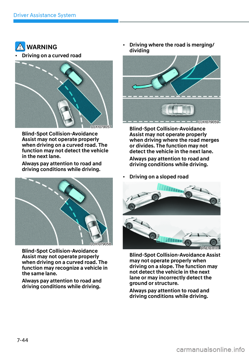 HYUNDAI IONIQ 5 2022 Owners Manual Driver Assistance System
7-44
 WARNING
[�Driving on a curved road
OJX1079057
Blind-Spot Collision-Avoidance 
Assist may not operate properly 
when driving on a curved road. The 
function may not det