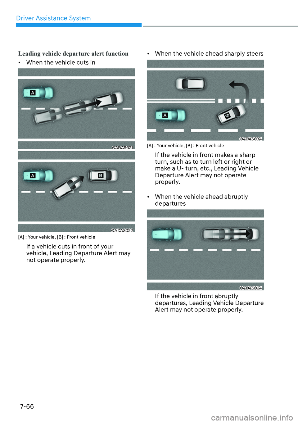 HYUNDAI IONIQ 5 2022  Owners Manual Driver Assistance System
7-66
Leading vehicle departure alert function
[�When the vehicle cuts in
OADAS021
OADAS022[A] : Your vehicle, [B] : Front vehicle
If a vehicle cuts in front of your 
vehicle