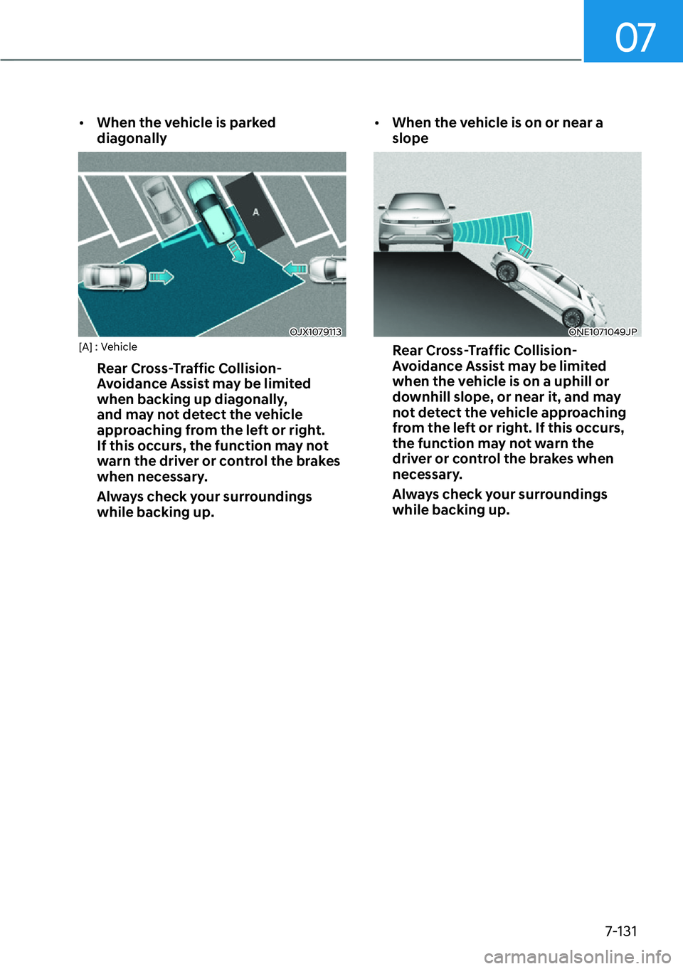 HYUNDAI IONIQ 5 2022  Owners Manual 07
7-131
[�When the vehicle is parked 
diagonally
OJX1079113[A] : Vehicle
Rear Cross-Traffic Collision-
Avoidance Assist may be limited 
when backing up diagonally, 
and may not detect the vehicle 
