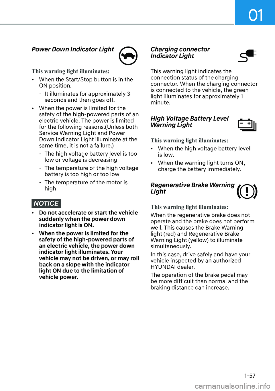 HYUNDAI IONIQ 5 2022  Owners Manual 01
1-57
Power Down Indicator Light
This warning light illuminates:
[�When the Start/Stop button is in the 
ON position.
  - It illuminates for approximately 3 
seconds and then goes off.
[�When th