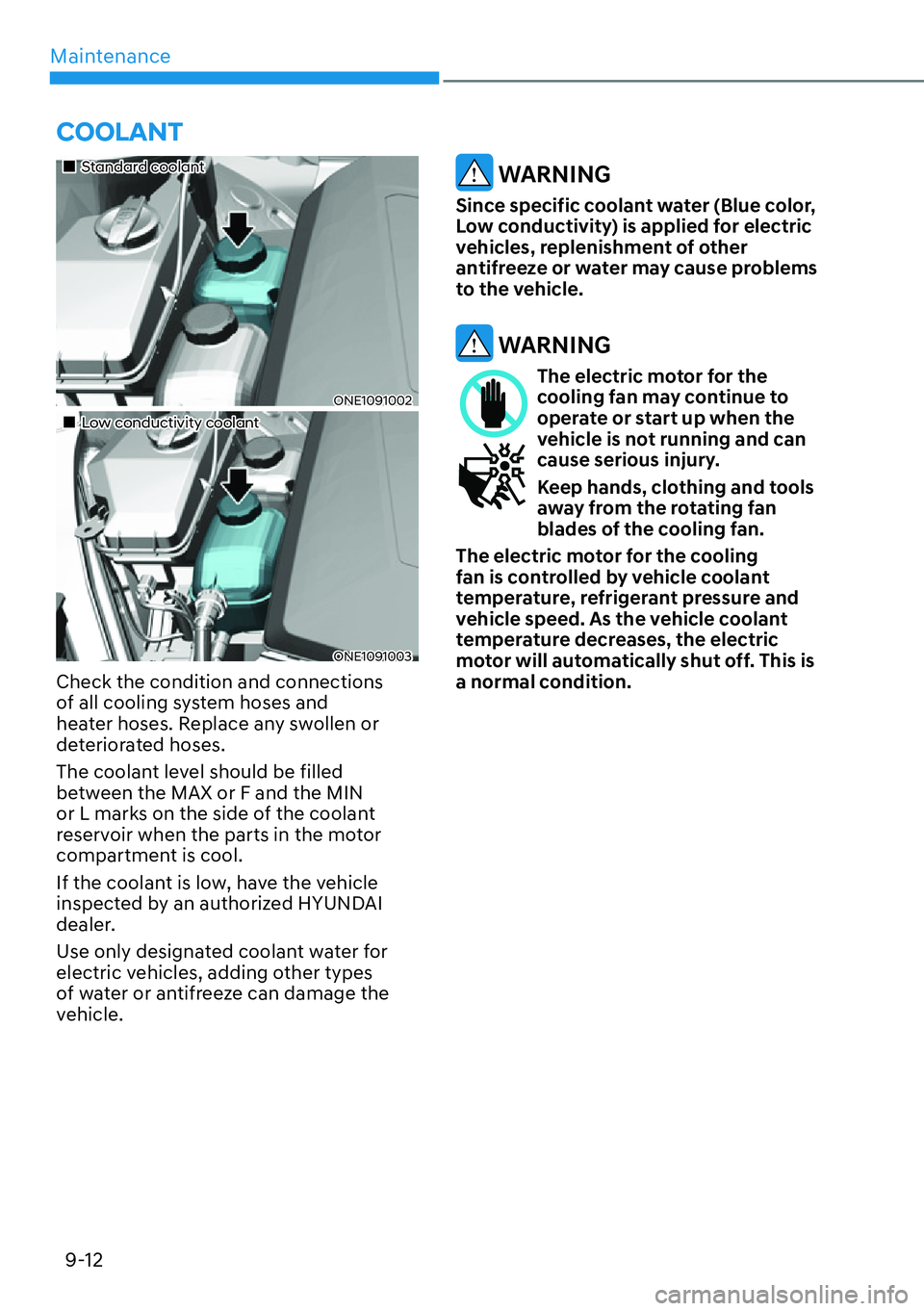 HYUNDAI IONIQ 5 2022  Owners Manual Maintenance
9-12
��„Standard coolant
ONE1091002
��„Low conductivity coolant
ONE1091003
Check the condition and connections 
of all cooling system hoses and 
heater hoses. Replace any swollen or 