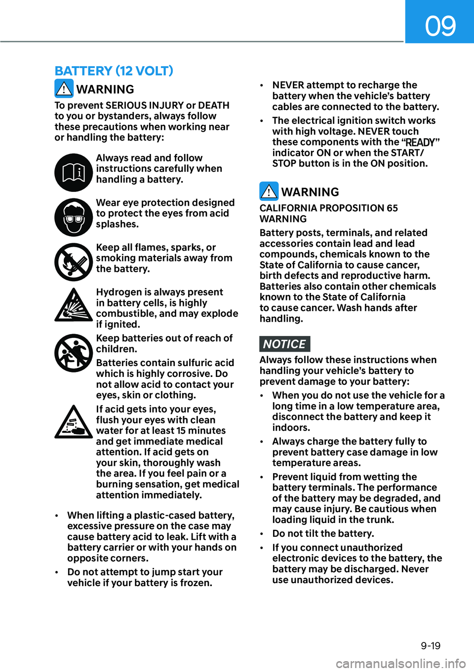HYUNDAI IONIQ 5 2022 Owners Manual 09
9-19
WARNING
To prevent SERIOUS INJURY or DEATH
to you or bystanders, always follow
these precautions when working near
or handling the battery:
Always read and follow
instructions carefully w HYUNDAI IONIQ 5 2022 Owners Manual 09
9-19
WARNING
To prevent SERIOUS INJURY or DEATH
to you or bystanders, always follow
these precautions when working near
or handling the battery:
Always read and follow
instructions carefully w