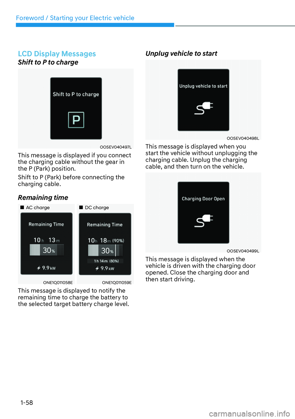HYUNDAI IONIQ 5 2022 Repair Manual Foreword / Starting your Electric vehicle
1-58
LCD Display Messages
Shift to P to charge
OOSEV040497L
This message is displayed if you connect 
the charging cable without the gear in 
the P (Park) pos
