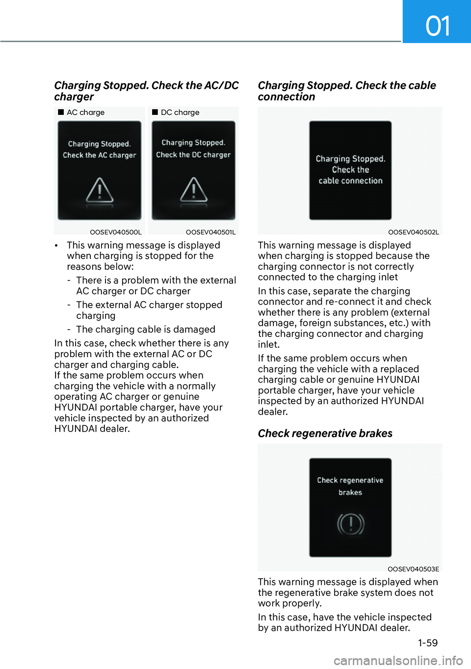 HYUNDAI IONIQ 5 2022 Repair Manual 01
1-59
Charging Stopped. Check the AC/DC 
charger
��„AC charge��„DC charge
OOSEV040500LOOSEV040501L
[�This warning message is displayed 
when charging is stopped for the 
reasons below:
  - T