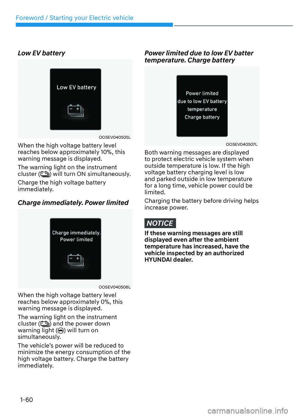 HYUNDAI IONIQ 5 2022  Owners Manual Foreword / Starting your Electric vehicle
1-60
Low EV battery
OOSEV040505L
When the high voltage battery level 
reaches below approximately 10%, this 
warning message is displayed. 
The warning light 