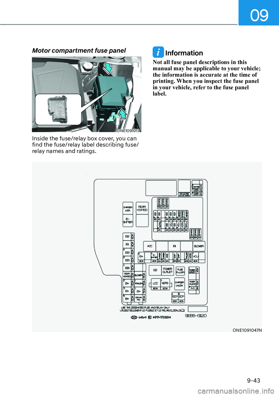 HYUNDAI IONIQ 5 2022  Owners Manual 09
9-43
Motor compartment fuse panel
ONE1091013
Inside the fuse/relay box cover, you can 
find the fuse/relay label describing fuse/
relay names and ratings.
 Information
Not all fuse panel descriptio