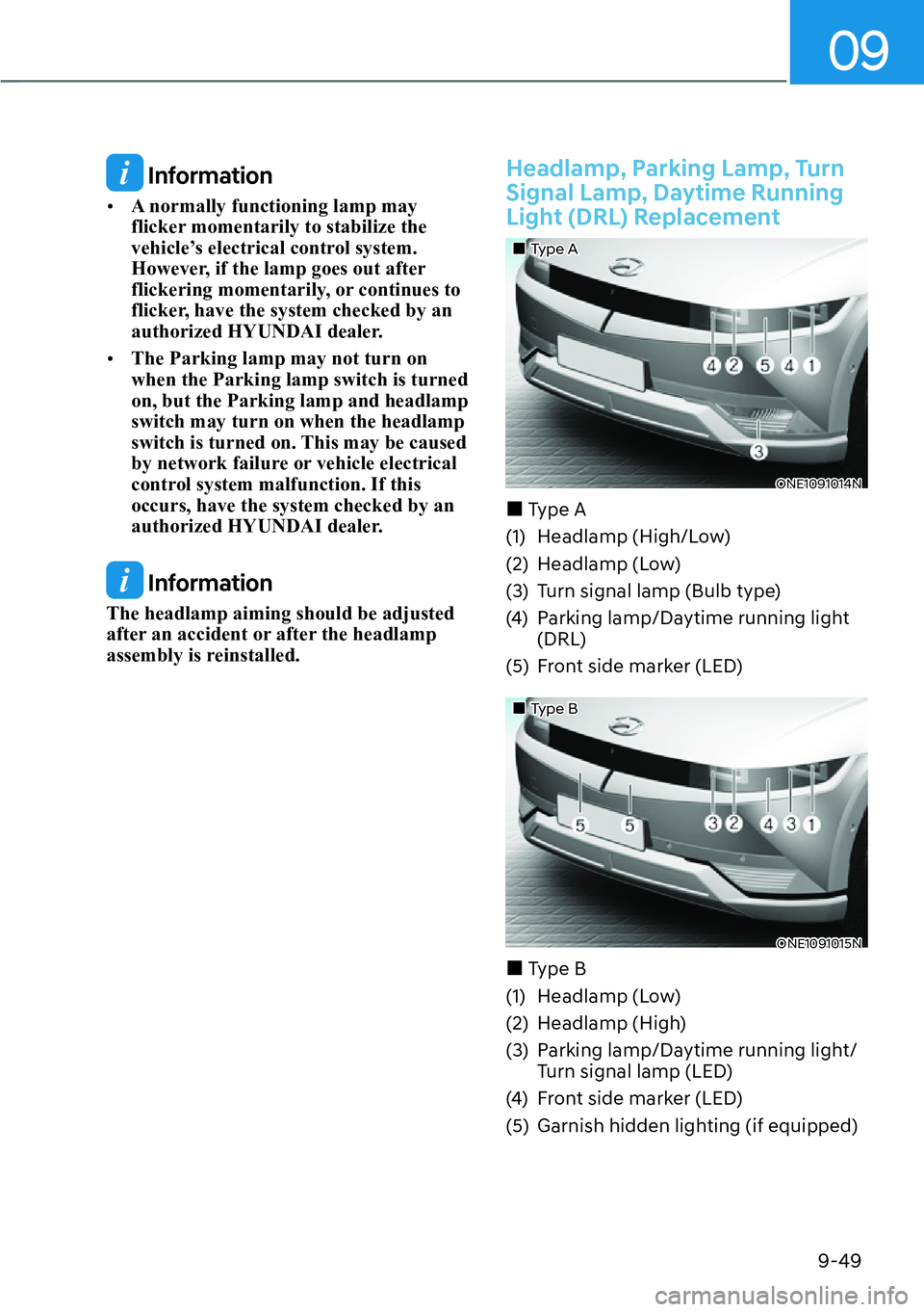 HYUNDAI IONIQ 5 2022  Owners Manual 09
9-49
 Information
[�A normally functioning lamp may 
flicker momentarily to stabilize the 
vehicle’s electrical control system. 
However, if the lamp goes out after 
flickering momentarily, or 