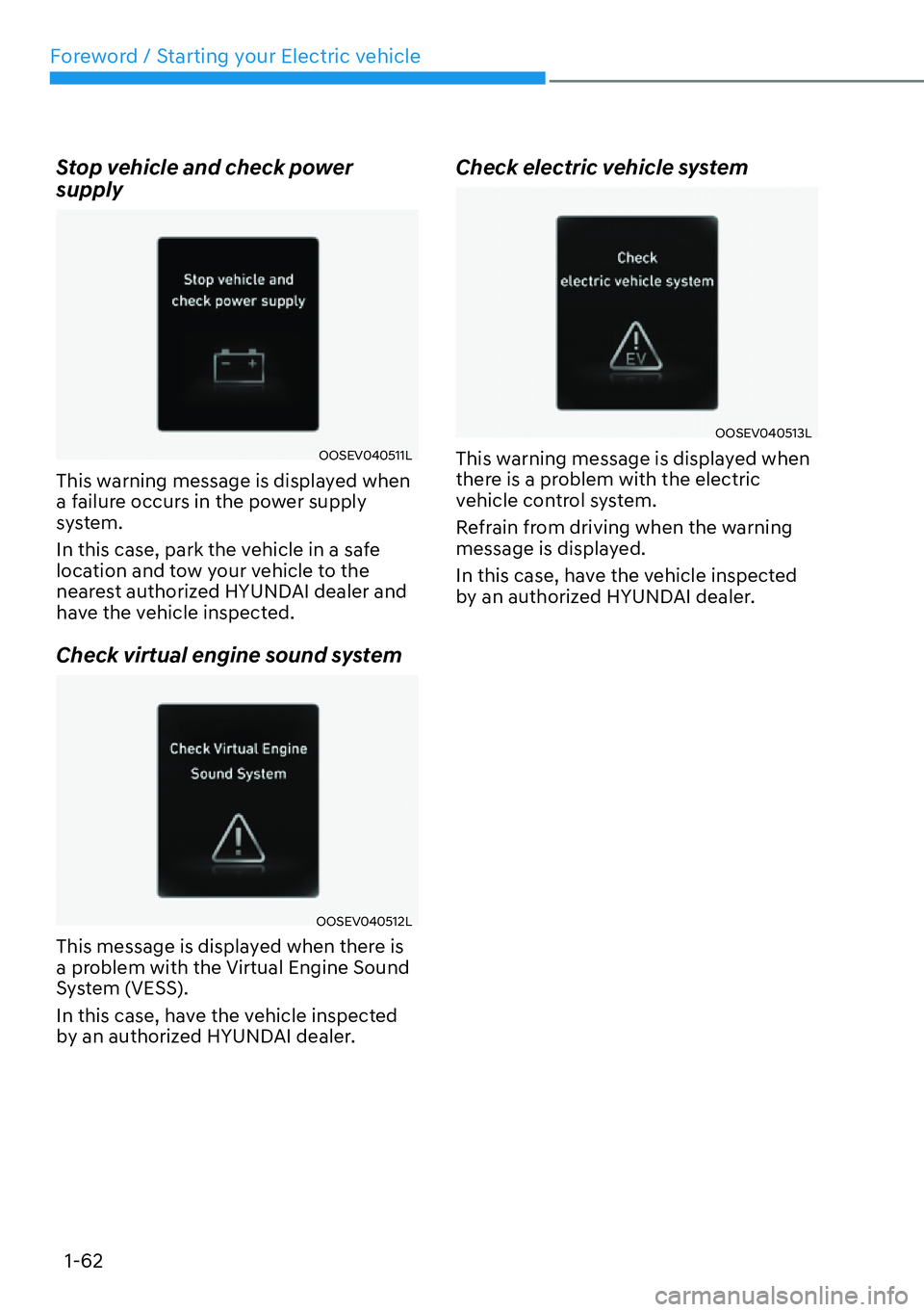 HYUNDAI IONIQ 5 2022 Repair Manual Foreword / Starting your Electric vehicle
1-62
Stop vehicle and check power 
supply
OOSEV040511L
This warning message is displayed when 
a failure occurs in the power supply 
system.
In this case, par