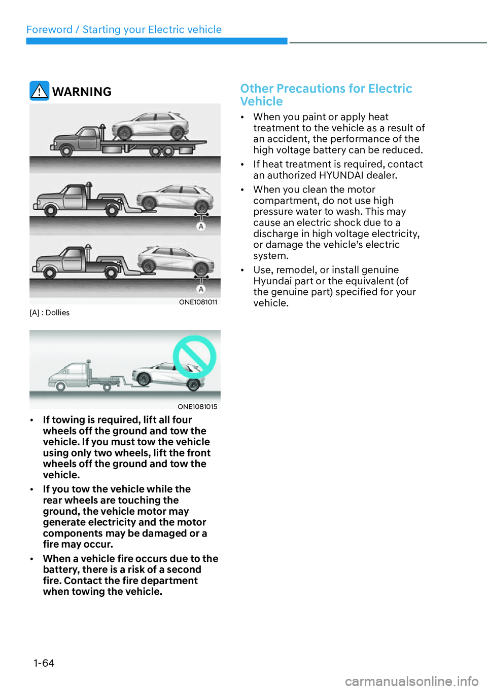 HYUNDAI IONIQ 5 2022  Owners Manual Foreword / Starting your Electric vehicle
1-64
 WARNING
ONE1081011[A] : Dollies
ONE1081015
[�If towing is required, lift all four 
wheels off the ground and tow the 
vehicle. If you must tow the veh