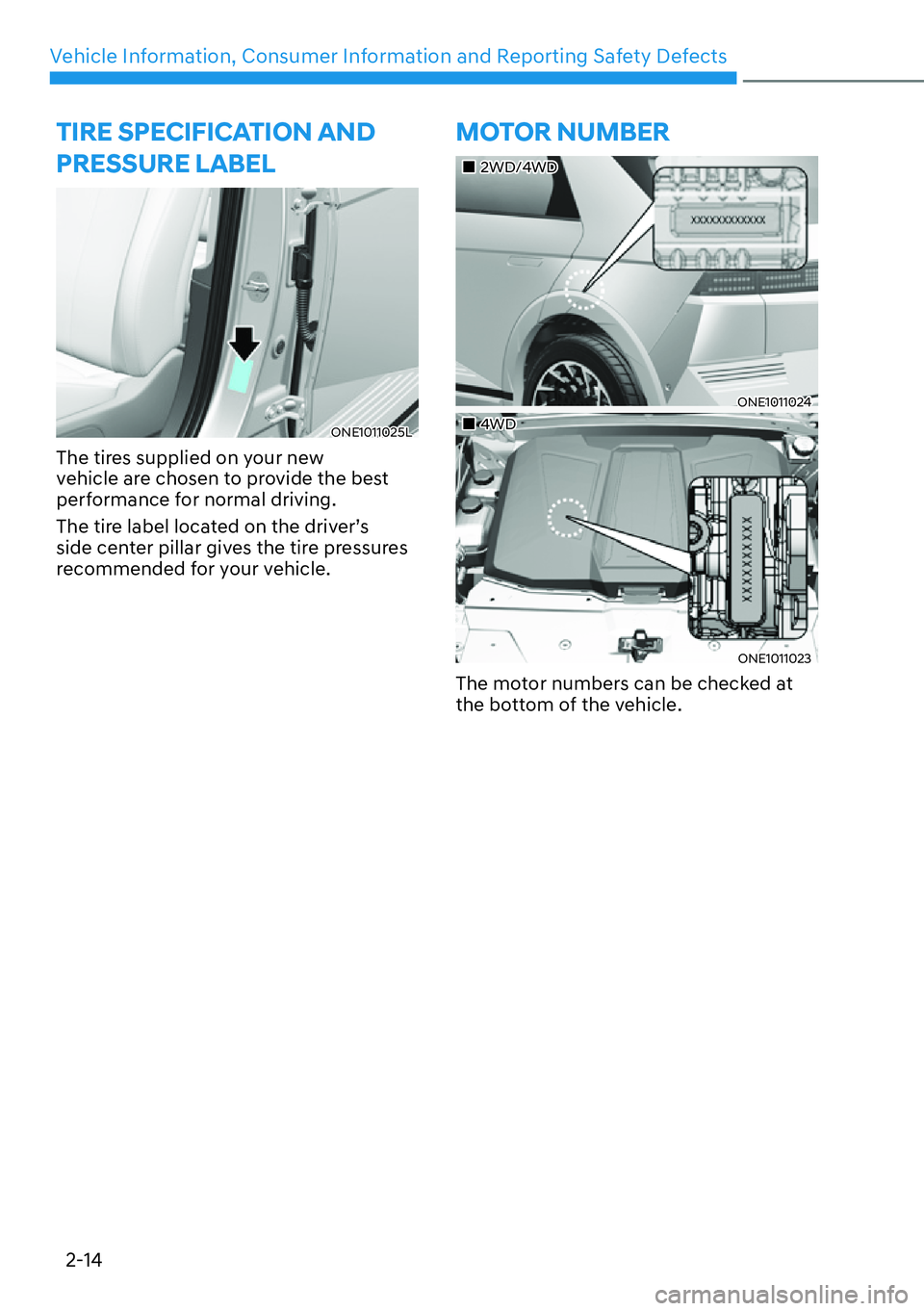 HYUNDAI IONIQ 5 2022 Manual Online Vehicle Information, Consumer Information and Reporting Safety Defects
2-14
TIRE SPECIFICATION AND 
PRESSURE LABEL
ONE1011025L
The tires supplied on your new 
vehicle are chosen to provide the best 
p