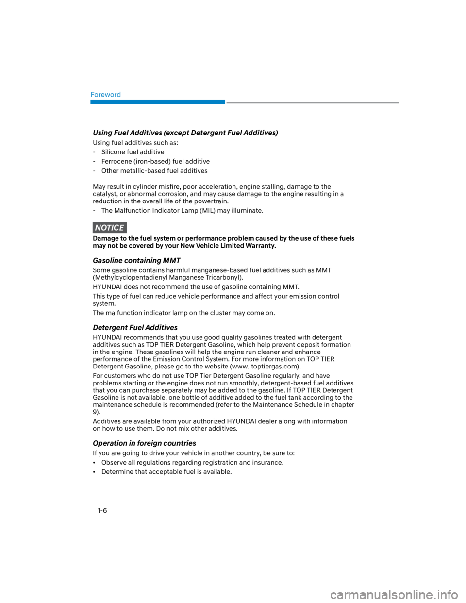 HYUNDAI KONA 2022 User Guide Foreword
1-6
Using Fuel Additives (except Detergent Fuel Additives)
Using fuel additives such as:
 - Silicone fuel additive
 - Ferrocene (iron-based) fuel additive
 - Other metallic-based fuel additiv