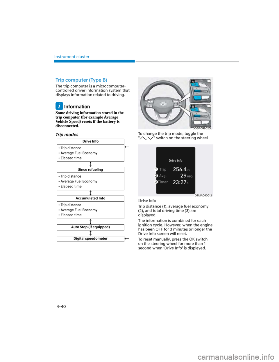 HYUNDAI KONA 2022  Owners Manual Instrument cluster
4-40
Trip computer (Type B)
The trip computer is a microcomputer-
controlled driver information system that 
displays information related to driving.
 Information
Trip modes
Drive I