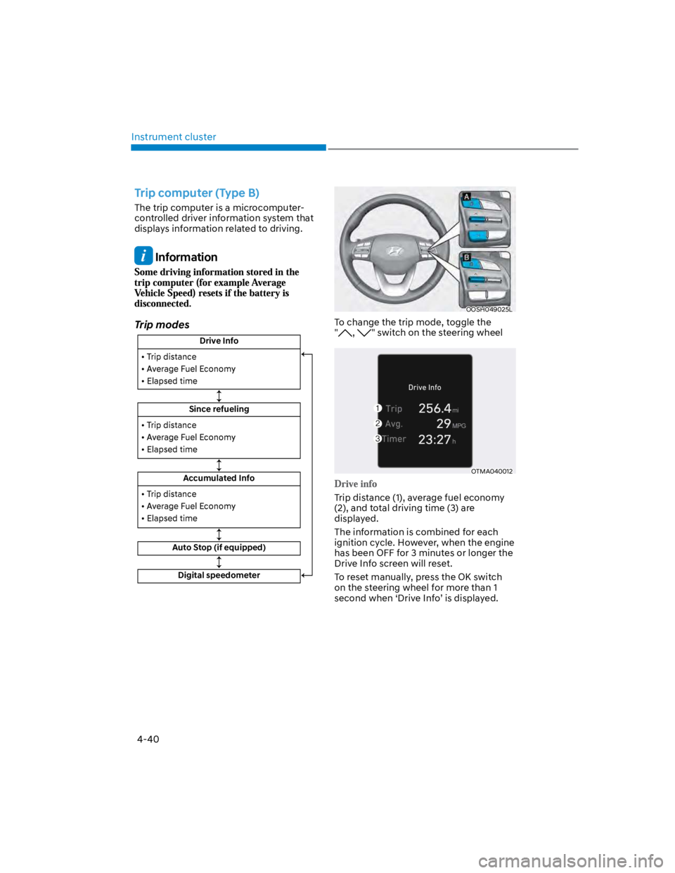 HYUNDAI KONA 2022 Owners Manual Instrument cluster
4-40
Trip computer (Type B)
The trip computer is a microcomputer-
controlled driver information system that
displays information related to driving.
Information
Trip modes
Drive I HYUNDAI KONA 2022 Owners Manual Instrument cluster
4-40
Trip computer (Type B)
The trip computer is a microcomputer-
controlled driver information system that
displays information related to driving.
Information
Trip modes
Drive I