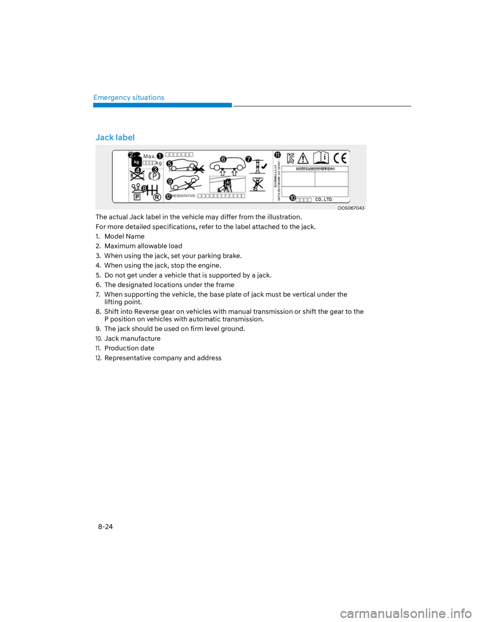 HYUNDAI KONA 2022  Owners Manual Emergency situations
8-24
Jack label
OOS067043
The actual Jack label in the vehicle may differ from the illustration.
For more detailed specifications, refer to the label attached to the jack.
1.  Mod