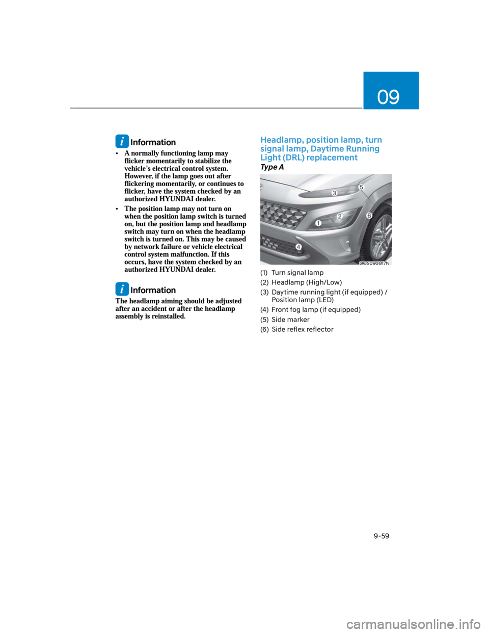 HYUNDAI KONA 2022 Owners Manual 09
9-59
Information
Information
Headlamp, position lamp, turn
signal lamp, Daytime Running
Light (DRL) replacement
Type A
OOS090017N
(1) Turn signal lamp
(2) Headlamp (High/Low)
(3) Daytime run HYUNDAI KONA 2022 Owners Manual 09
9-59
Information
Information
Headlamp, position lamp, turn
signal lamp, Daytime Running
Light (DRL) replacement
Type A
OOS090017N
(1) Turn signal lamp
(2) Headlamp (High/Low)
(3) Daytime run