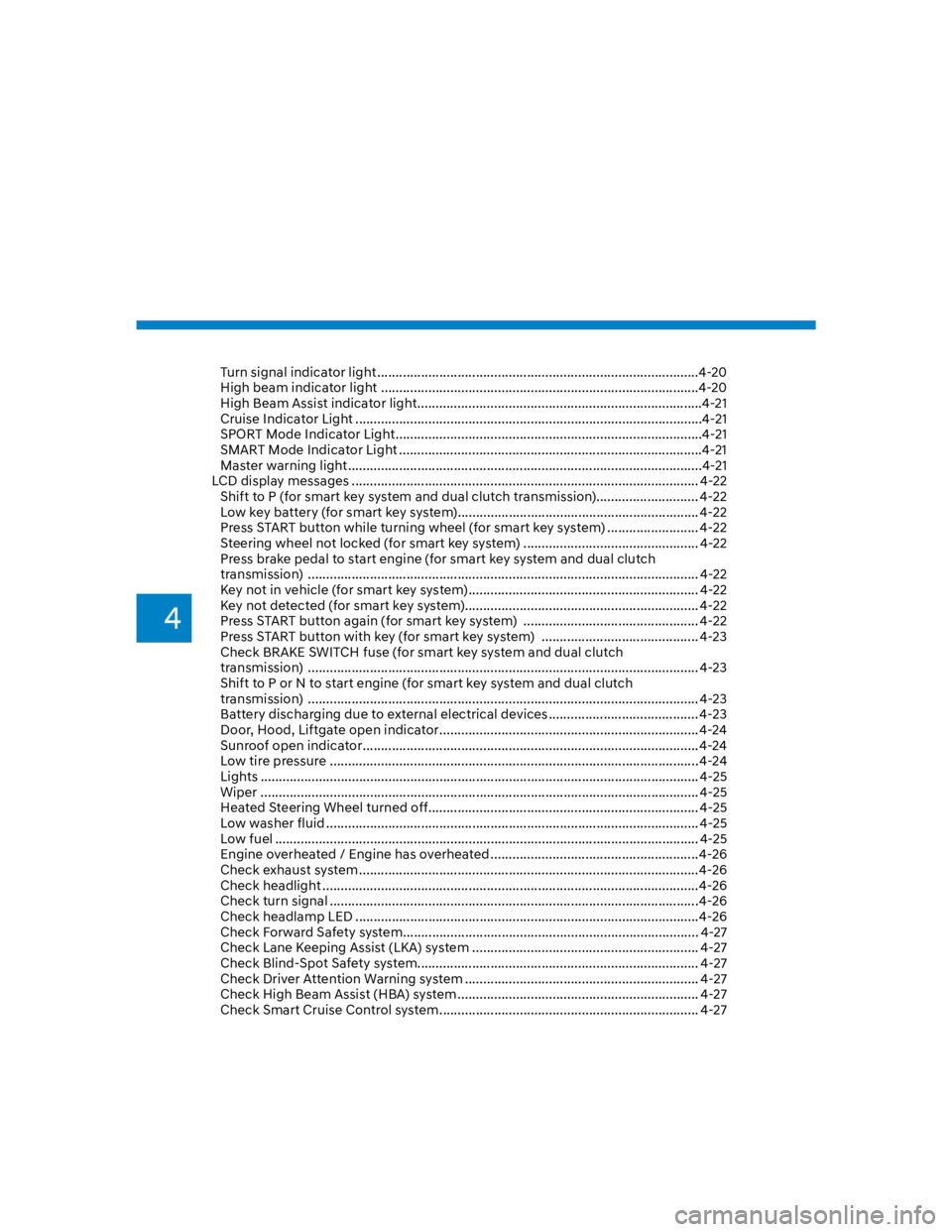 HYUNDAI KONA 2022  Owners Manual 4
Turn signal indicator light ........................................................................................4-20
High beam indicator light ...................................................
