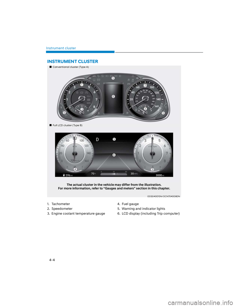 HYUNDAI KONA 2022 Owners Manual 4-4
Instrument cluster
Conventional cluster (Type A)
Full LCD cluster (Type B)
The actual cluster in the vehicle may differ from the illustration.
For more information, refer to “Gauges and meters HYUNDAI KONA 2022 Owners Manual 4-4
Instrument cluster
Conventional cluster (Type A)
Full LCD cluster (Type B)
The actual cluster in the vehicle may differ from the illustration.
For more information, refer to “Gauges and meters