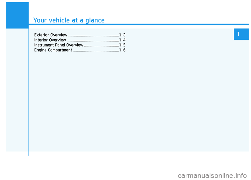 HYUNDAI PALISADE 2022 User Guide Your vehicle at a glance
1
Your vehicle at a glance
Exterior Overview ..................................................1-2
Interior Overview ...................................................1-4
Ins