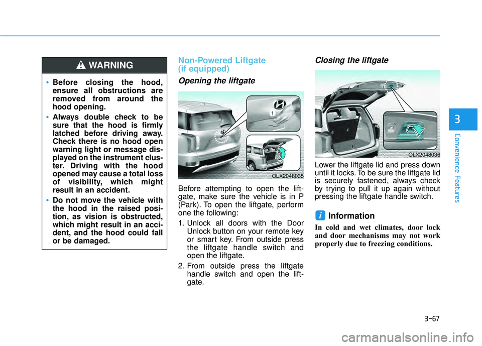 HYUNDAI PALISADE 2022 Owners Guide 3-67
Convenience Features
3
Non-Powered Liftgate 
(if equipped)
Opening the liftgate
Before attempting to open the lift-
gate, make sure the vehicle is in P
(Park). To open the liftgate, perform
one t