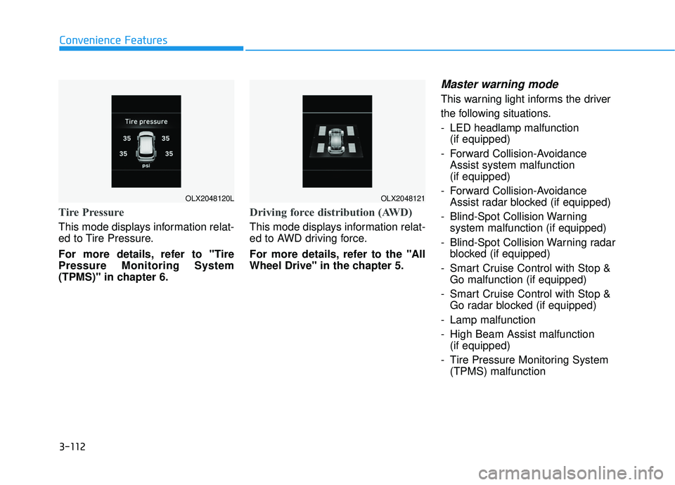 HYUNDAI PALISADE 2022  Owners Manual 3-112
Convenience Features
Tire Pressure
This mode displays information relat-
ed to Tire Pressure.
For more details, refer to "Tire
Pressure Monitoring System
(TPMS)" in chapter 6.
Driving force dist