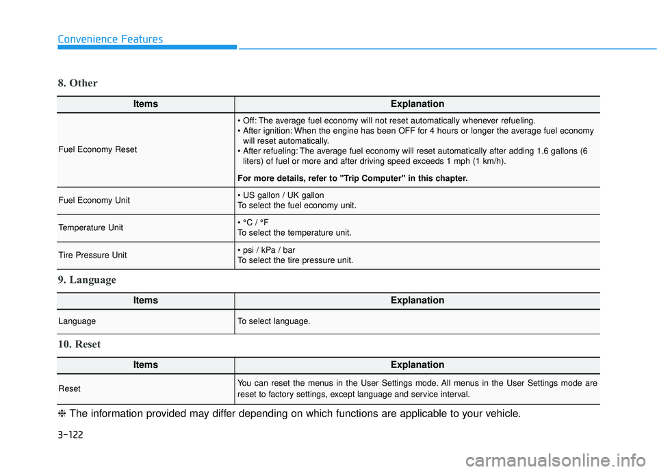 HYUNDAI PALISADE 2022  Owners Manual 3-122
Convenience Features
ItemsExplanation
Fuel Economy Reset
 The average fuel economy will not reset automatically whenever refueling.
 When the engine has been OFF for 4 hours or longer the averag