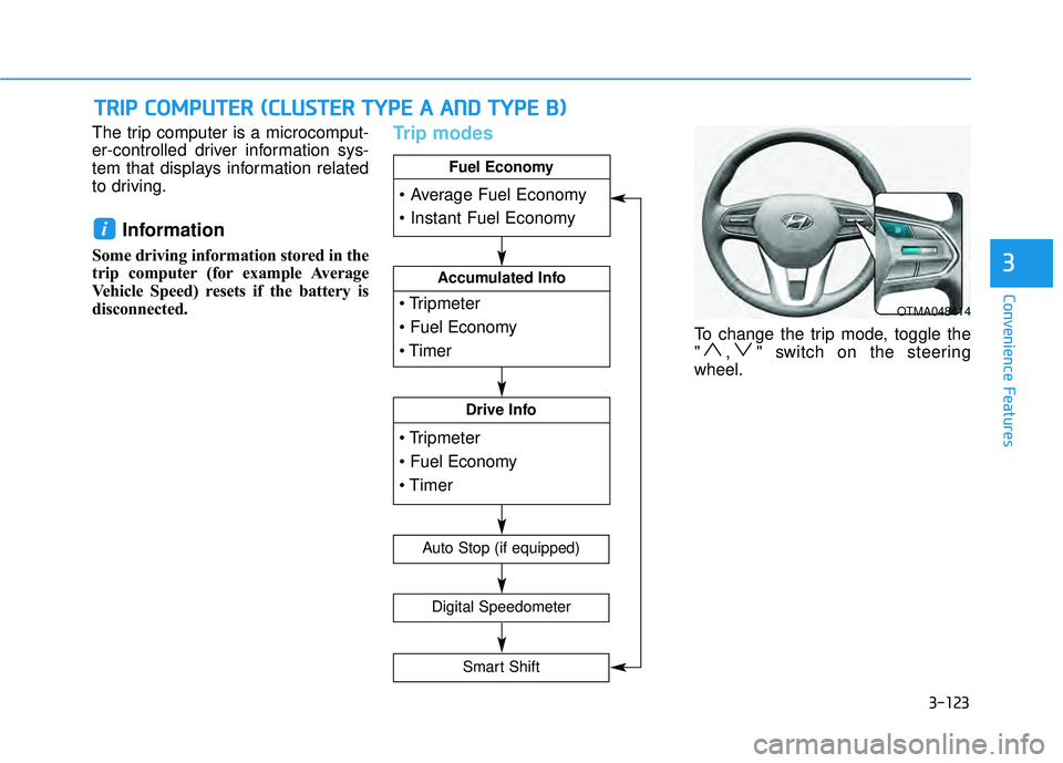 HYUNDAI PALISADE 2022  Owners Manual 3-123
Convenience Features
3
The trip computer is a microcomput-
er-controlled driver information sys-
tem that displays information related
to driving.
Information 
Some driving information stored in