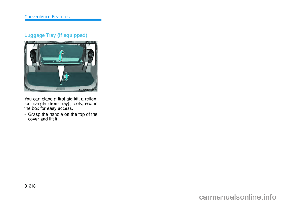 HYUNDAI PALISADE 2022 Owners Manual 3-218
Convenience Features
Luggage Tray (if equipped)
You can place a first aid kit, a reflec-
tor triangle (front tray), tools, etc. in
the box for easy access.
Grasp the handle on the top of thecov HYUNDAI PALISADE 2022 Owners Manual 3-218
Convenience Features
Luggage Tray (if equipped)
You can place a first aid kit, a reflec-
tor triangle (front tray), tools, etc. in
the box for easy access.
Grasp the handle on the top of thecov