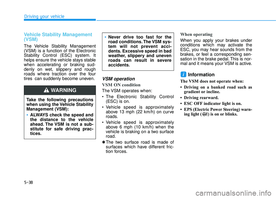 HYUNDAI PALISADE 2022  Owners Manual 5-38
Driving your vehicle
Vehicle Stability Management
(VSM)
The Vehicle Stability Management
(VSM) is a function of the Electronic
Stability Control (ESC) system. It
helps ensure the vehicle stays st