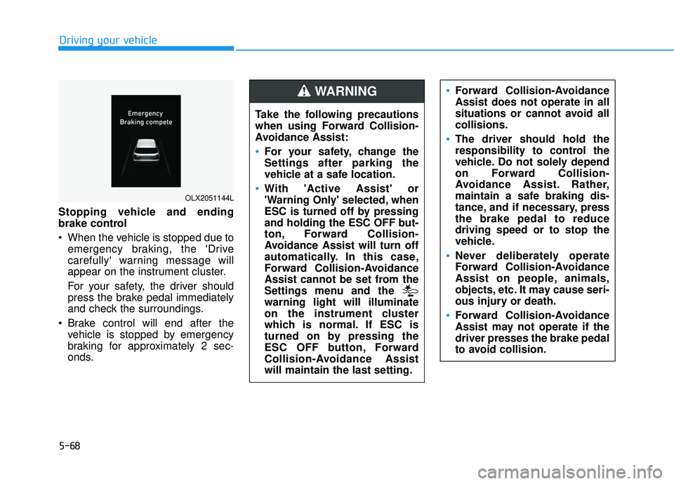 HYUNDAI PALISADE 2022 Owners Manual 5-68
Driving your vehicle
Stopping vehicle and ending
brake control
When the vehicle is stopped due to emergency braking, the Drive
carefully warning message will
appear on the instrument cluster. HYUNDAI PALISADE 2022 Owners Manual 5-68
Driving your vehicle
Stopping vehicle and ending
brake control
When the vehicle is stopped due to emergency braking, the Drive
carefully warning message will
appear on the instrument cluster.