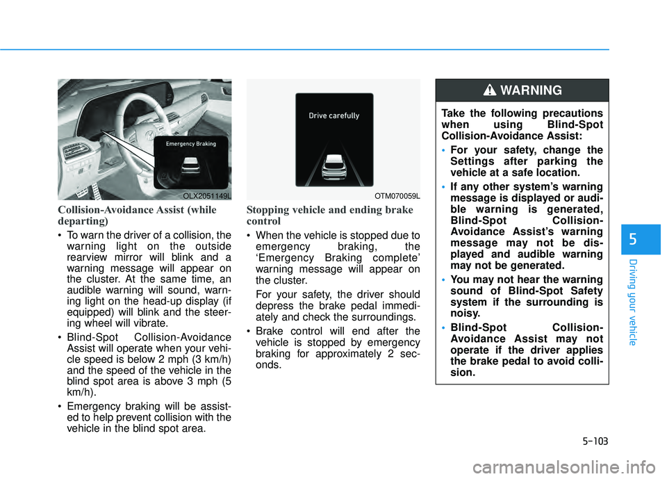 HYUNDAI PALISADE 2022 Owners Manual 5-103
Driving your vehicle
5
Collision-Avoidance Assist (while
departing)
To warn the driver of a collision, thewarning light on the outside
rearview mirror will blink and a
warning message will app HYUNDAI PALISADE 2022 Owners Manual 5-103
Driving your vehicle
5
Collision-Avoidance Assist (while
departing)
To warn the driver of a collision, thewarning light on the outside
rearview mirror will blink and a
warning message will app