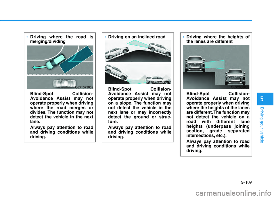 HYUNDAI PALISADE 2022 Owners Manual 5-109
Driving your vehicle
5
Driving where the road is
merging/dividing
Blind-Spot Collision-
Avoidance Assist may not
operate properly when driving
where the road merges or
divides. The function may HYUNDAI PALISADE 2022 Owners Manual 5-109
Driving your vehicle
5
Driving where the road is
merging/dividing
Blind-Spot Collision-
Avoidance Assist may not
operate properly when driving
where the road merges or
divides. The function may