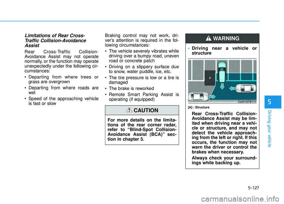 HYUNDAI PALISADE 2022  Owners Manual 5-127
Driving your vehicle
5
Limitations of Rear Cross-Traffic Collision-AvoidanceAssist
Rear Cross-Traffic Collision-
Avoidance Assist may not operate
normally, or the function may operate
unexpected