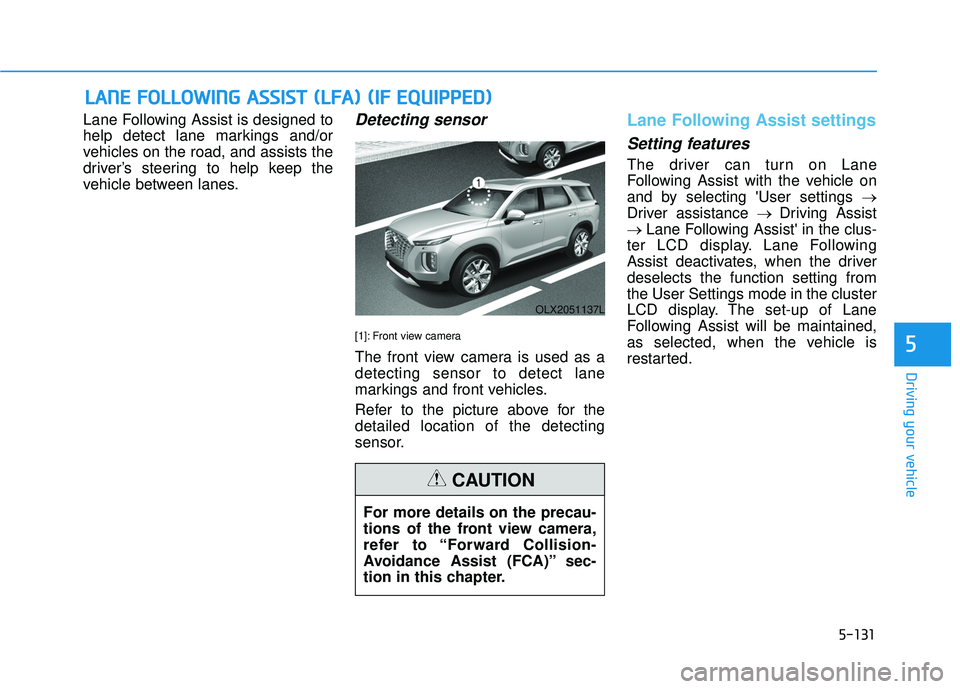 HYUNDAI PALISADE 2022 Owners Manual 5-131
Driving your vehicle
5
Lane Following Assist is designed to
help detect lane markings and/or
vehicles on the road, and assists the
driver’s steering to help keep the
vehicle between lanes.Dete HYUNDAI PALISADE 2022 Owners Manual 5-131
Driving your vehicle
5
Lane Following Assist is designed to
help detect lane markings and/or
vehicles on the road, and assists the
driver’s steering to help keep the
vehicle between lanes.Dete