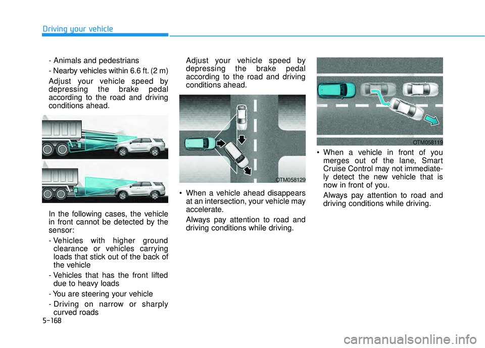 HYUNDAI PALISADE 2022 Owners Manual 5-168
Driving your vehicle- Animals and pedestrians
- Nearby vehicles within 6.6 ft. (2 m)
Adjust your vehicle speed by
depressing the brake pedal
according to the road and driving
conditions ahead. HYUNDAI PALISADE 2022 Owners Manual 5-168
Driving your vehicle- Animals and pedestrians
- Nearby vehicles within 6.6 ft. (2 m)
Adjust your vehicle speed by
depressing the brake pedal
according to the road and driving
conditions ahead.