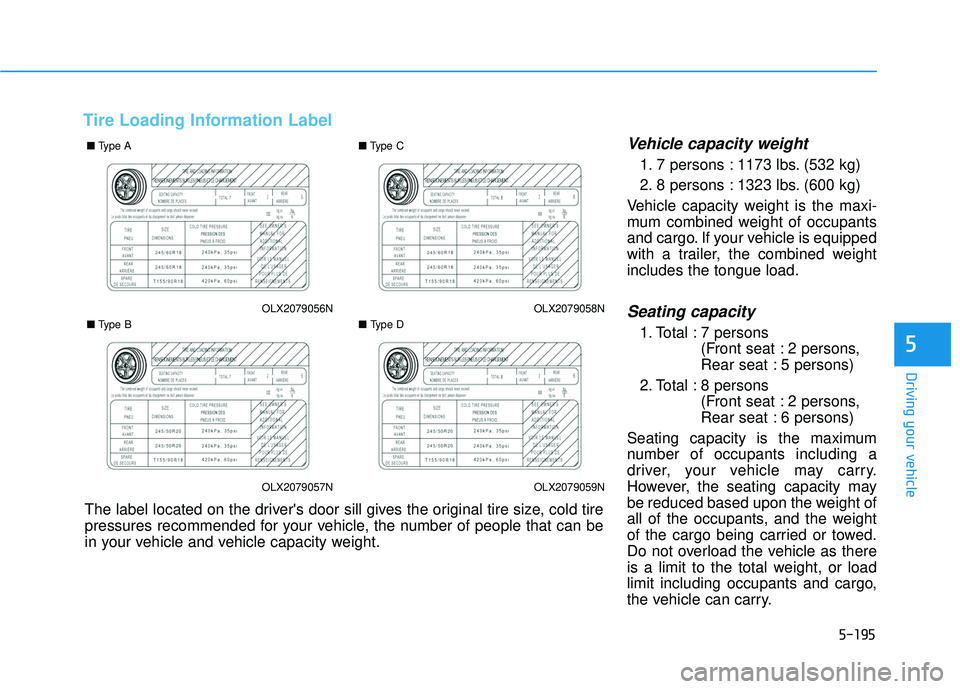 HYUNDAI PALISADE 2022  Owners Manual 5-195
Driving your vehicle
5
Tire Loading Information Label
Vehicle capacity weight
1. 7 persons : 1173 lbs. (532 kg)
2. 8 persons : 1323 lbs. (600 kg)
Vehicle capacity weight is the maxi-
mum combine