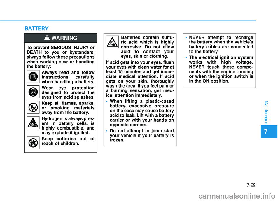 HYUNDAI PALISADE 2022  Owners Manual B BA A T TT TE ER R Y Y
7-29
7
Maintenance
To prevent SERIOUS INJURY or
DEATH to you or bystanders,
always follow these precautions
when working near or handling
the battery:
Always read and follow
in