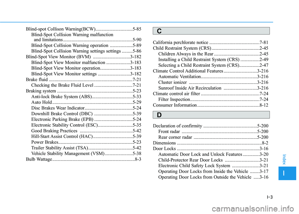 HYUNDAI PALISADE 2022 Owners Manual I-3
Blind-spot Collison Warning(BCW)...............................5-85Blind-Spot Collision Warning malfunction and limitations ..........................................................5-90
Blind-Spo HYUNDAI PALISADE 2022 Owners Manual I-3
Blind-spot Collison Warning(BCW)...............................5-85Blind-Spot Collision Warning malfunction and limitations ..........................................................5-90
Blind-Spo