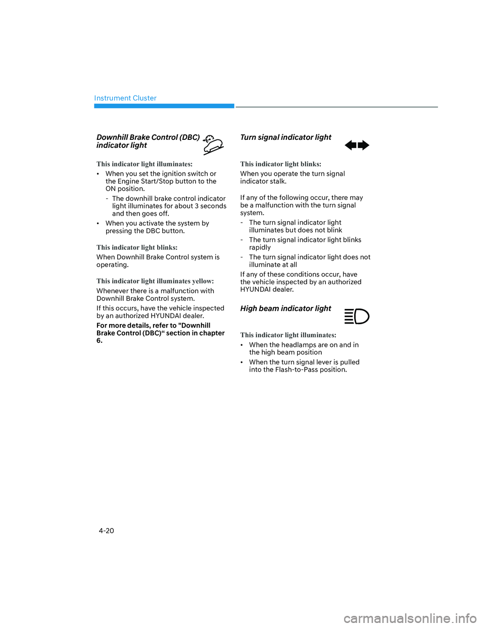 HYUNDAI SANTA CRUZ 2022  Owners Manual Instrument Cluster
4-20
Downhill Brake Control (DBC) 
indicator light
This indicator light illuminates:
•  When you set the ignition switch or 
the Engine Start/Stop button to the 
ON position.
  - 