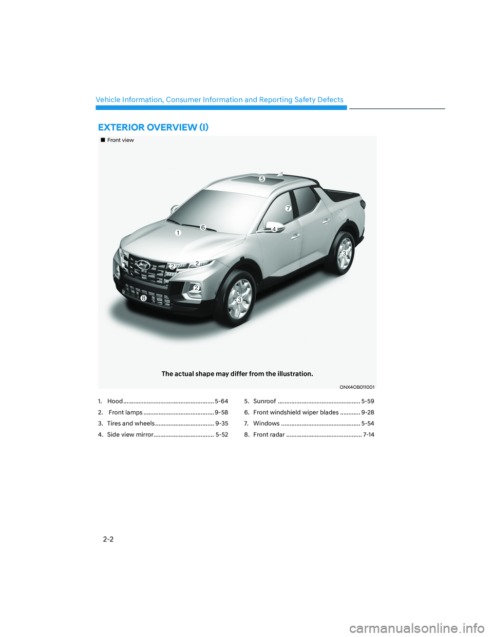 HYUNDAI SANTA CRUZ 2022 User Guide 2-2
Vehicle Information, Consumer Information and Reporting Safety Defects
�(�;�7�(�5�,�2�5��2�9�(�5�9�,�(�:�