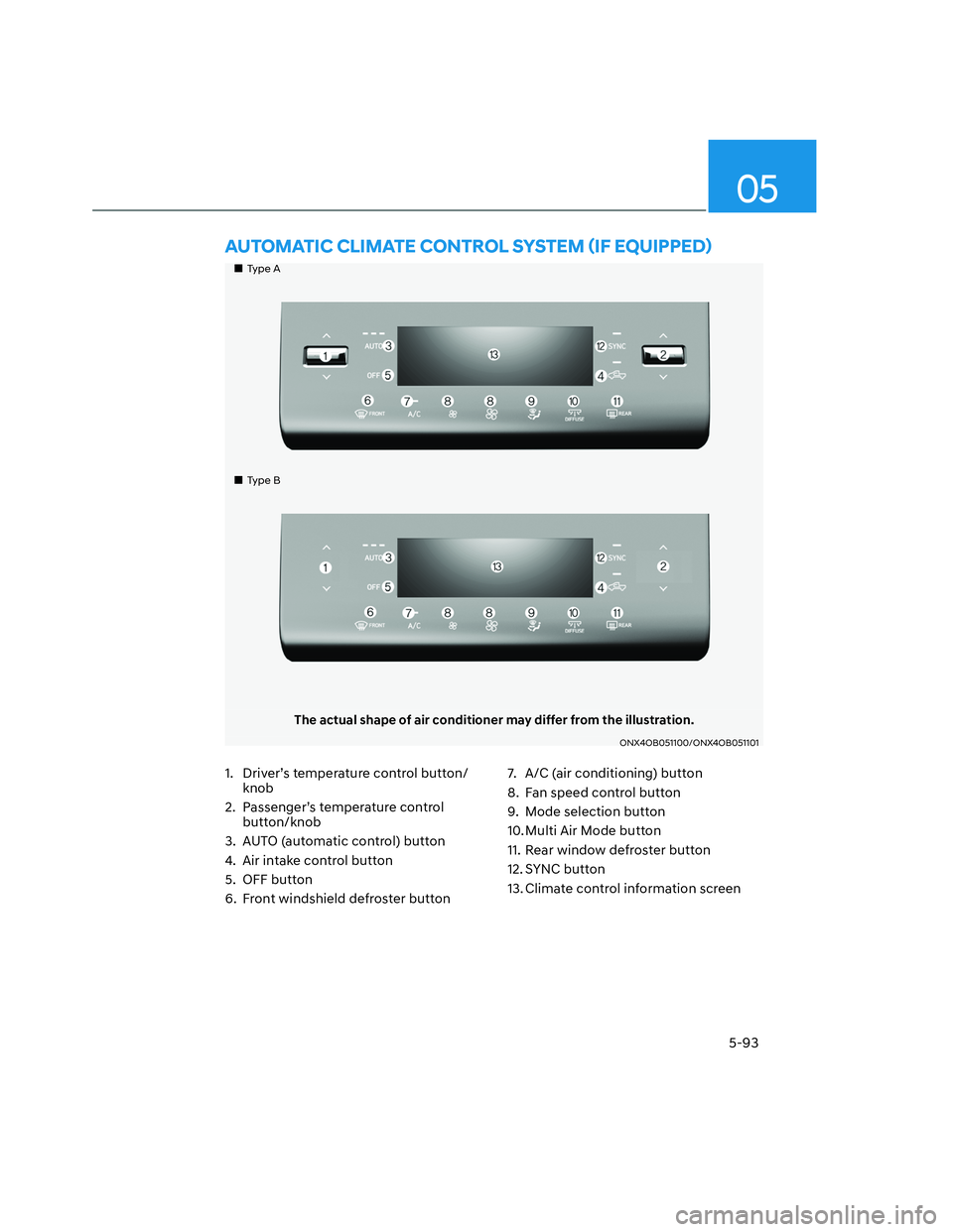 HYUNDAI SANTA CRUZ 2022  Owners Manual 05
5-93
���„�„Type AType A
���„�„Type BType B
The actual shape of air conditioner may differ from the illustration.
ONX4OB051100/ONX4OB051101ONX4OB051100/ONX4OB051101
�$�8�7�2�0�$�7�,�&��