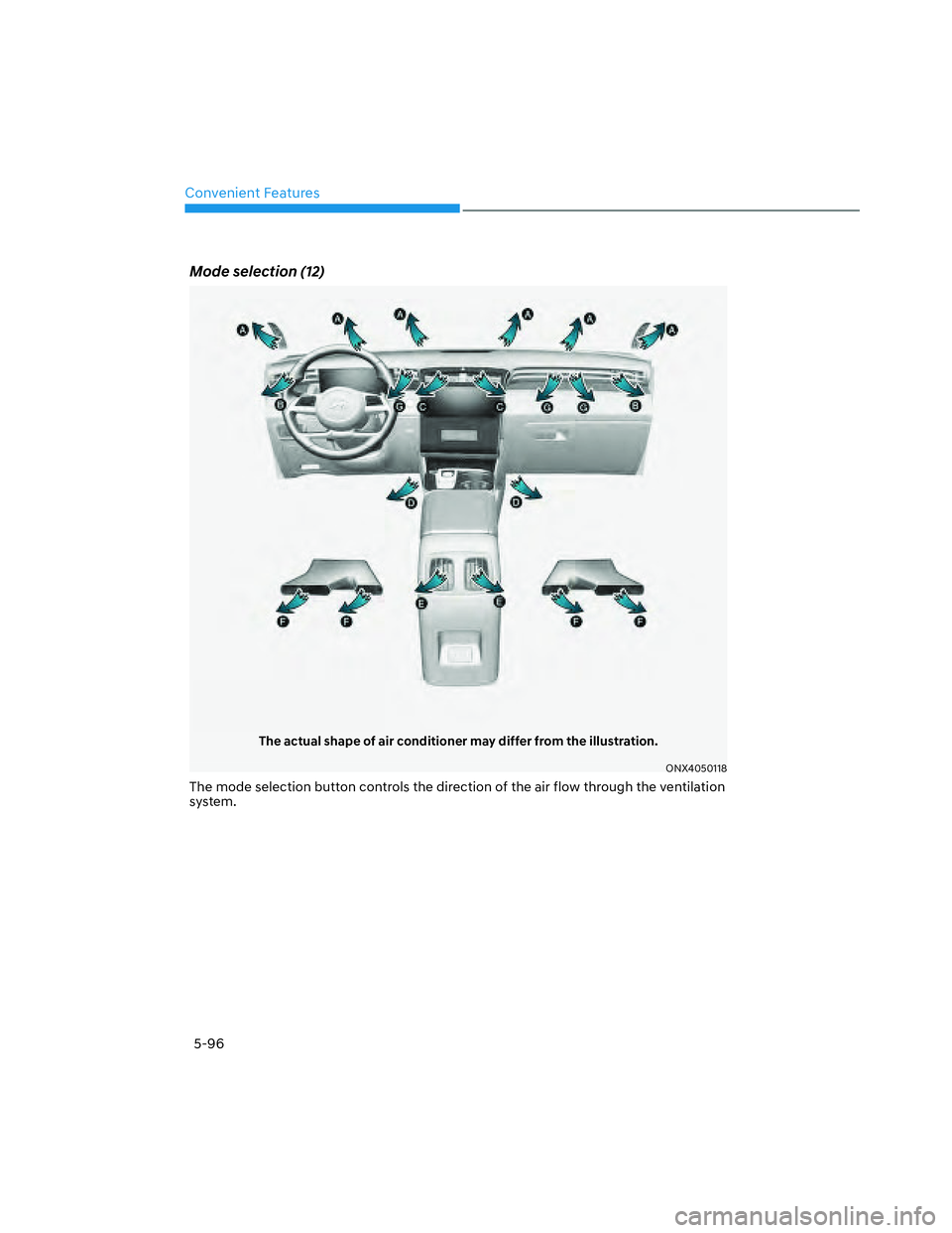 HYUNDAI SANTA CRUZ 2022  Owners Manual Convenient Features
5-96
Mode selection (12)
The actual shape of air conditioner may differ from the illustration.
ONX4050118
The mode selection button controls the direction of the air flow through t