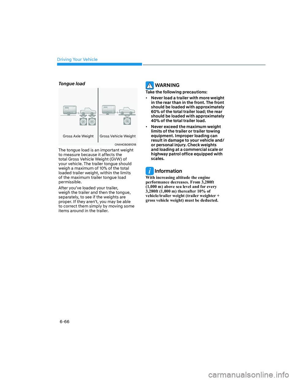 HYUNDAI SANTA CRUZ 2022  Owners Manual Driving Your Vehicle
6-66
Tongue load
Gross Axle Weight Gross Vehicle Weight
ONX4OB061018ONX4OB061018
The tongue load is an important weight 
to measure because it affects the 
total Gross Vehicle Wei