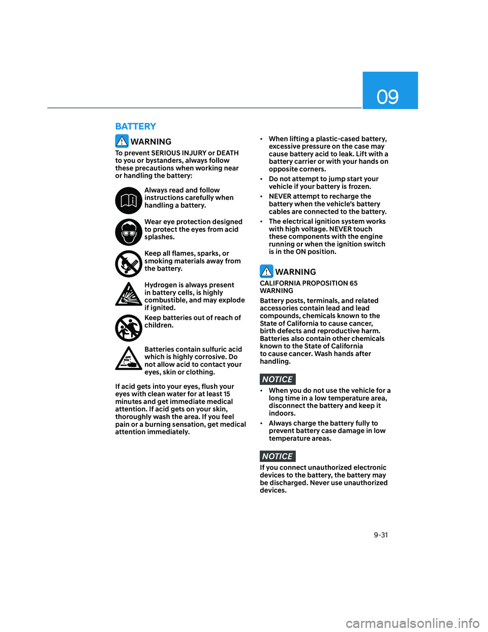 HYUNDAI SANTA CRUZ 2022  Owners Manual 09
9-31
BATTERY
 WARNING
To prevent SERIOUS INJURY or DEATH 
to you or bystanders, always follow 
these precautions when working near 
or handling the battery:
Always read and follow 
instructions car