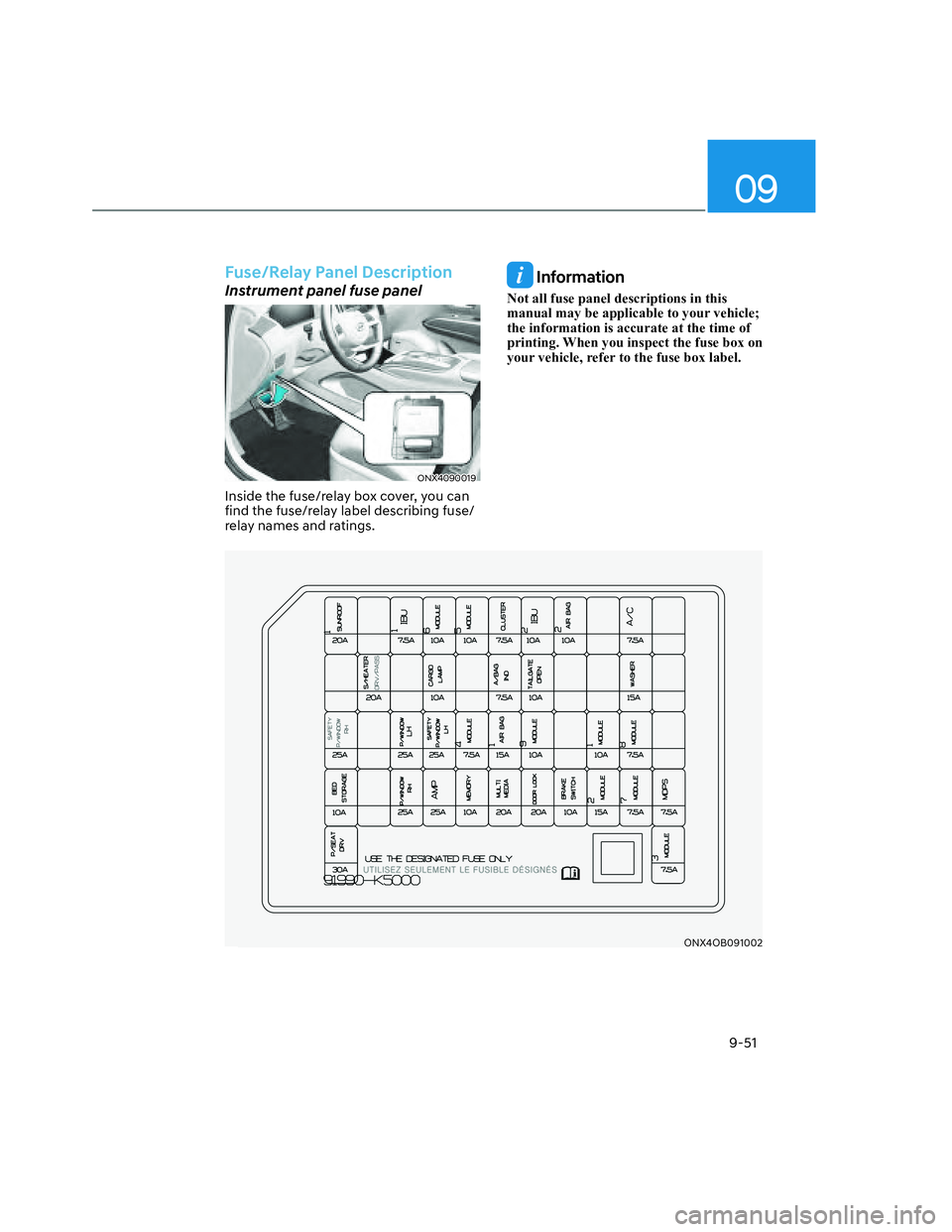 HYUNDAI SANTA CRUZ 2022  Owners Manual 09
9-51
Fuse/Relay Panel Description
Instrument panel fuse panel
ONX4090019ONX4090019
Inside the fuse/relay box cover, you can 
find the fuse/relay label describing fuse/
relay names and ratings.
 Inf